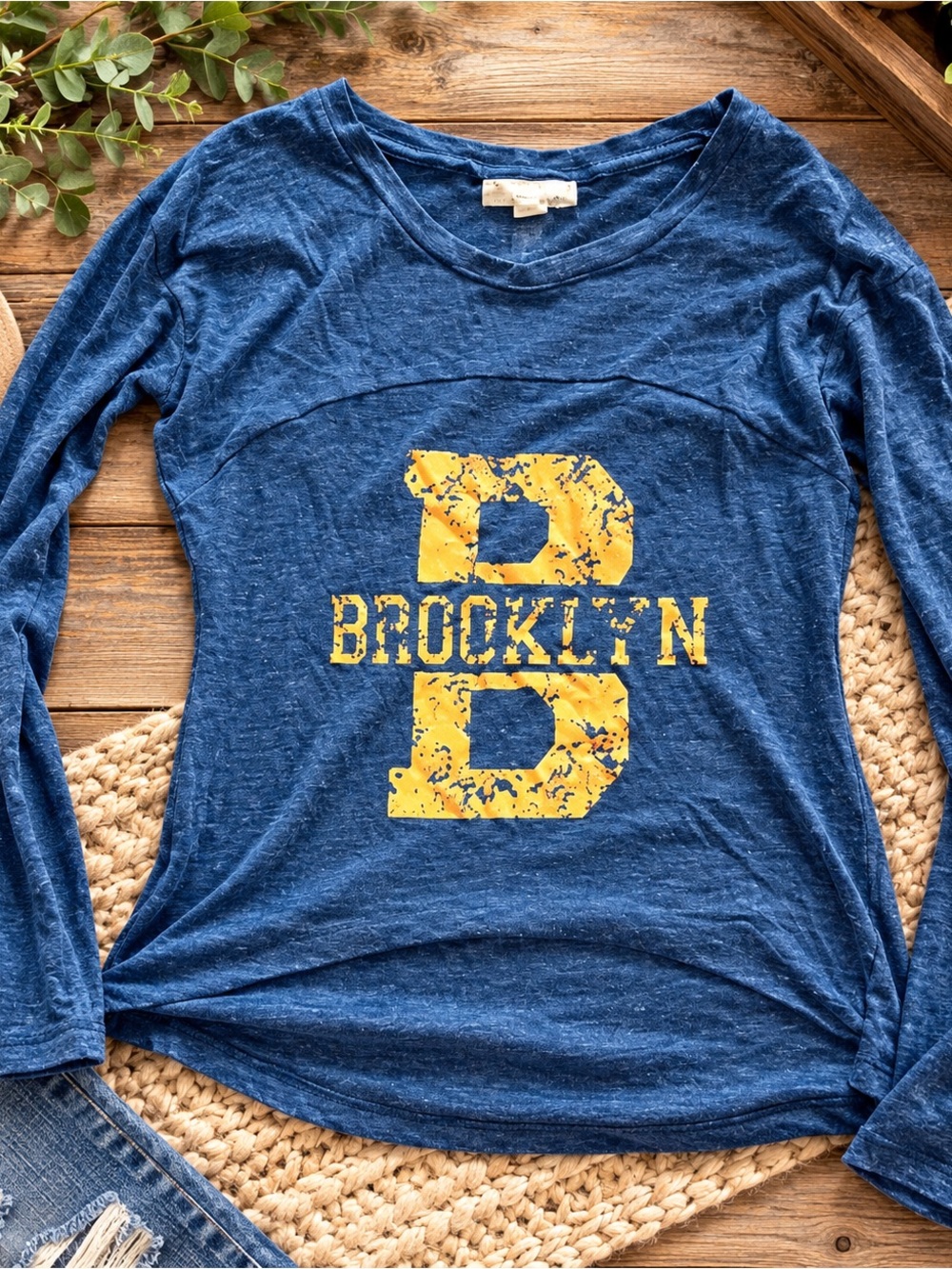 Derek Heart Blue Long Sleeve Top with Distressed Yellow 'B' and BROOKLYN